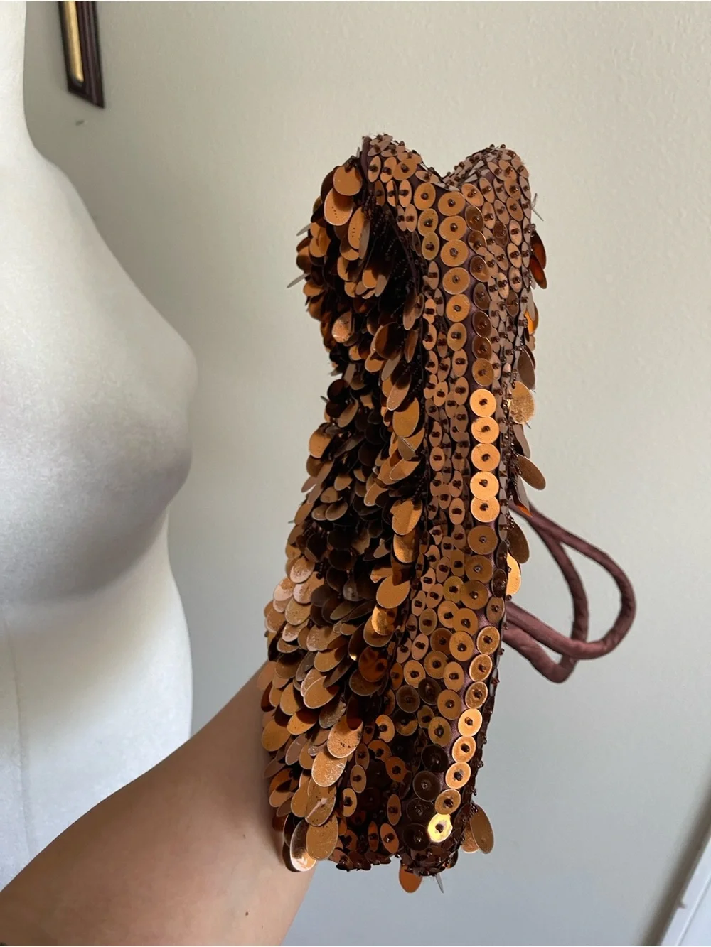 Sequined Brown Evening Handbag with Top Handle